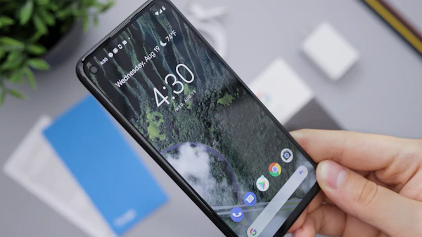 Person holding an Android phone showing the home screen