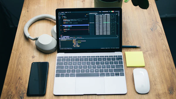 Laptop showing source code on a desk next to a phone and headphones