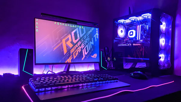 Gaming PC setup with a monitor, keyboard and tower