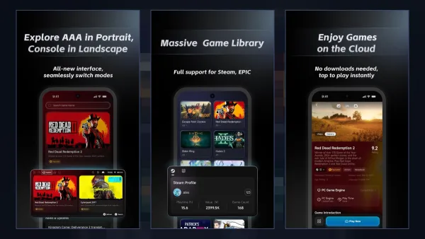 GameHub APK official app screenshots: AAA games in portrait and landscape, Steam and Epic game library, and cloud gaming