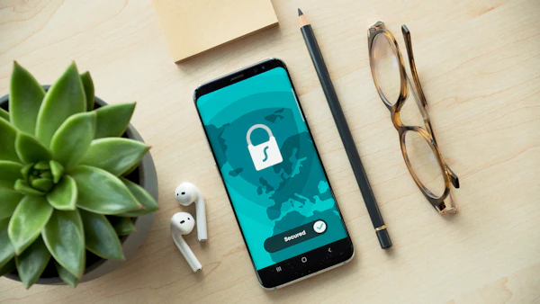 Smartphone showing a security lock icon on a wooden desk